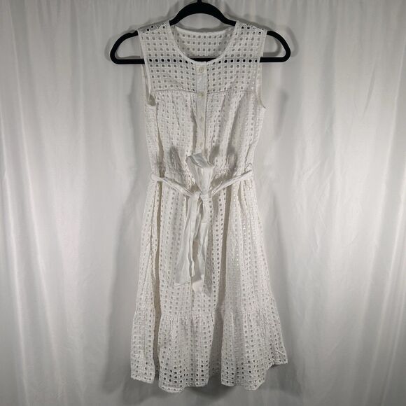 J. Crew Knee Length Dress Womens 0P Ivory Sleeveless Belted Button Up Round Neck - Picture 1 of 8
